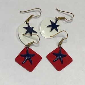 Nautical Starfish Dangle Patriotic Red White Blue Vintage Costume Earrings